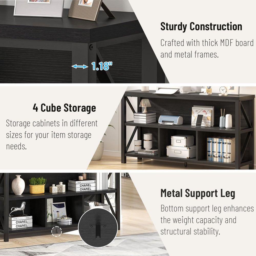 EXCEFUR Modern Black Horizontal Bookshelf, Industrial Wood & Metal Bookca...