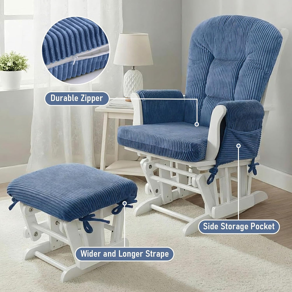 5PCS Glider Rocker Replacement Cushions with Storage Side Pockets, Blue