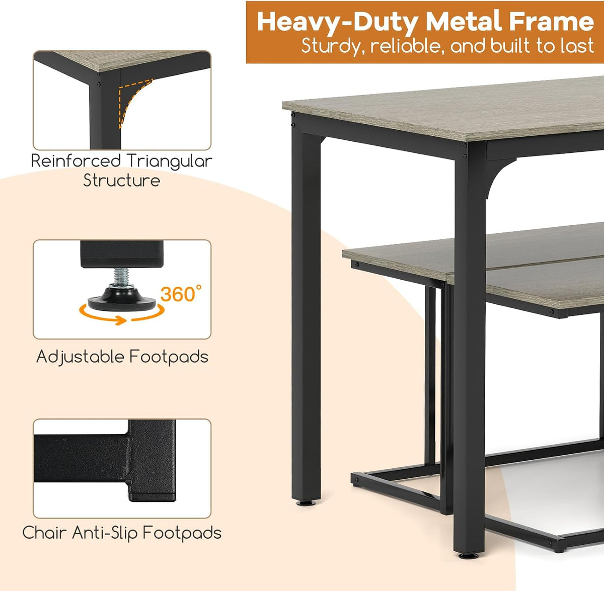 GOFLAME 4-Piece Dining Table Set for 4, Rectangular Wood Dining Table with Bench & 2 Stools, Industrial Kitchen Table Set, Space-Saving Dinette Set for Living Room, Dining Room, Pub, Grey Oak
