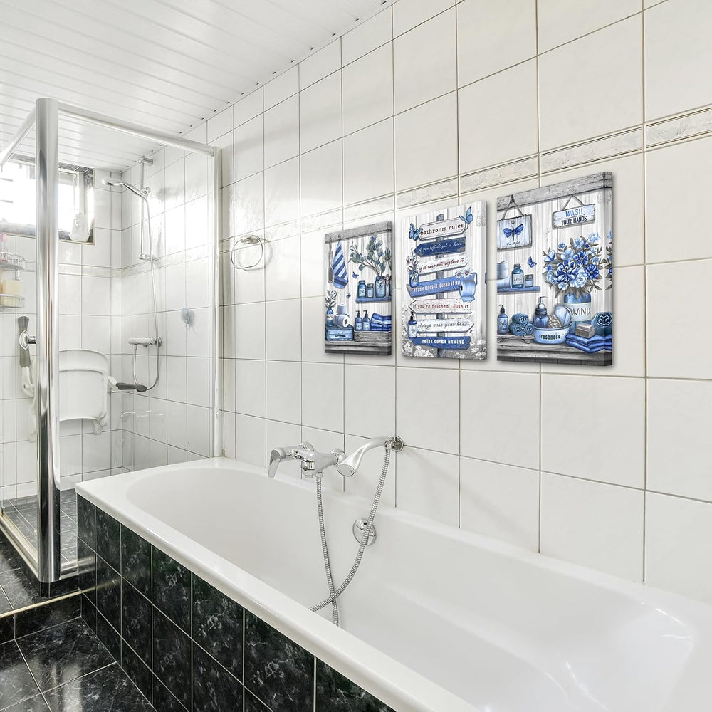 OuElegent Bathroom Wall Art Farmhouse Canvas Navy Blue 12''x16'&#...