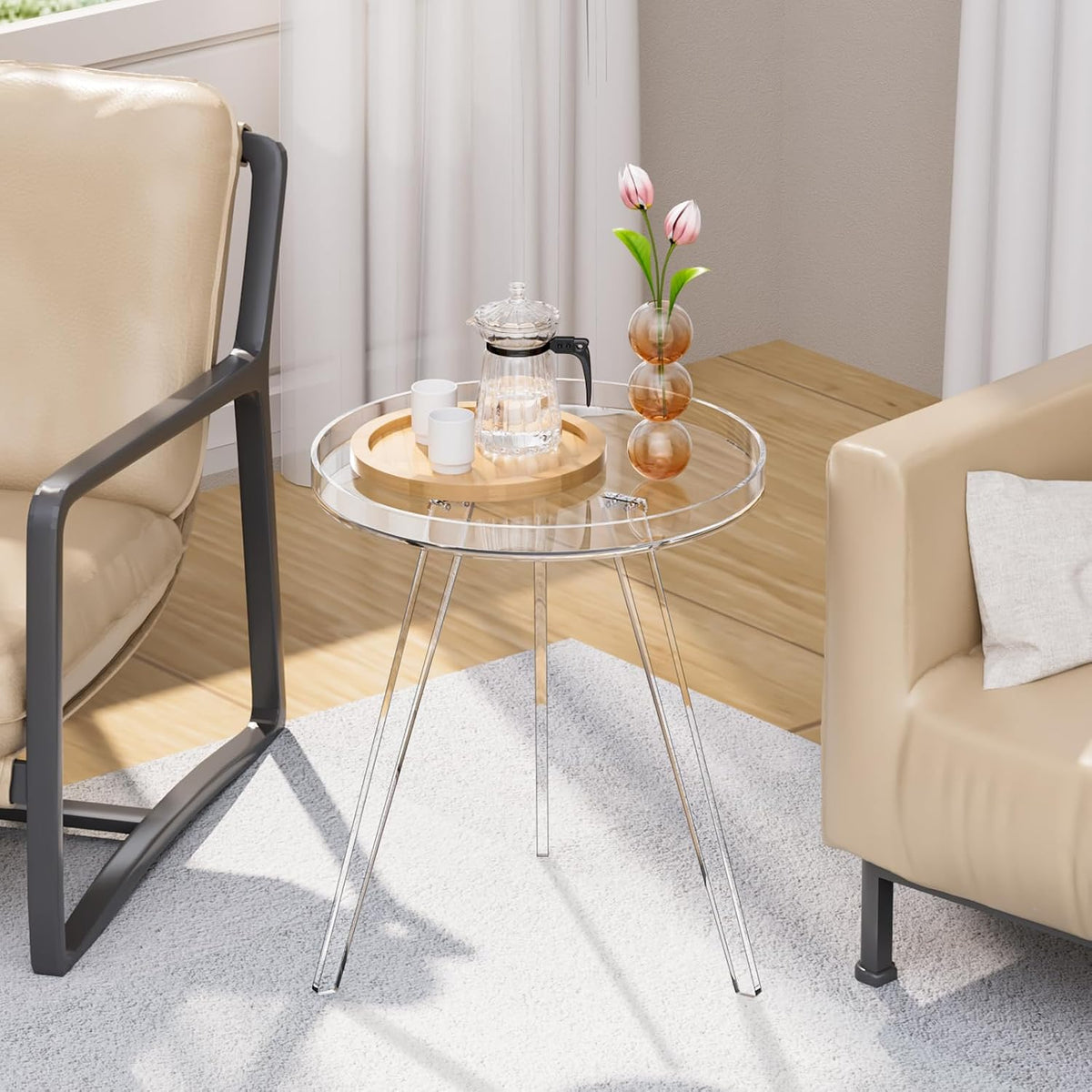Clear Acrylic Side Table, Round End Table Nightstand Bedside Table Small Circle with Tray for Living Room Bedroom Office Small Space (Clear)