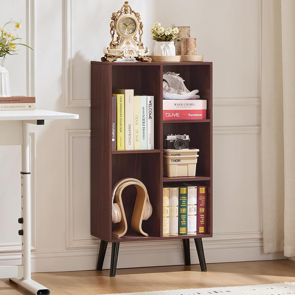 LEYAOYAO 5 Cube Bookshelf, Mid-Century Modern Book Shelf with Legs, Walnut