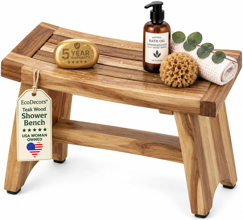EcoDecors Serenity 24" Teak Shower Bench, Non-Slip Shower Stool