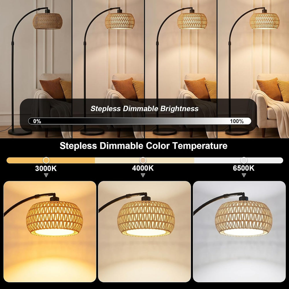 Arc Floor Lamp for Living Room, Rattan Floor Lamp with Remote Control