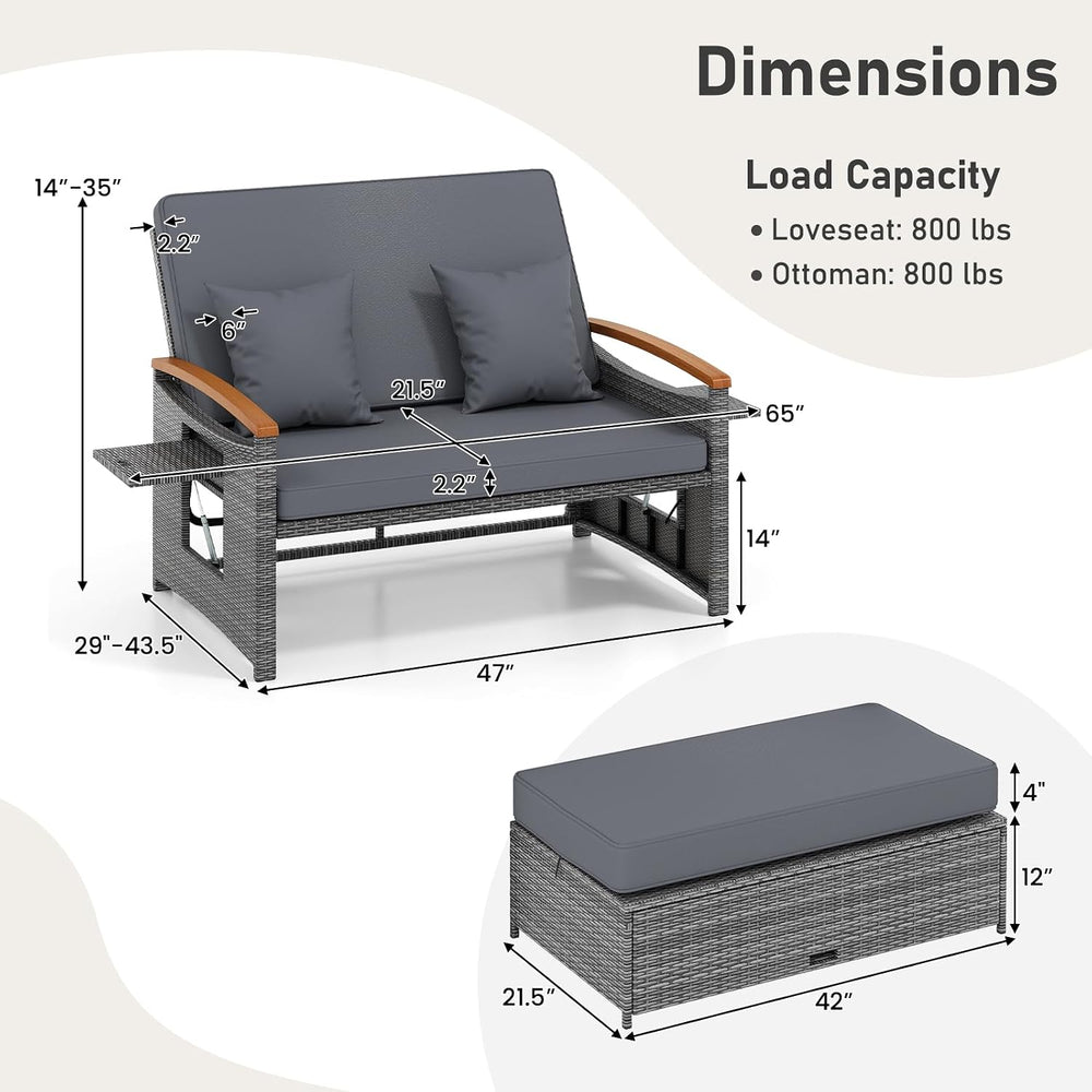 LDAILY Moccha Outdoor Wicker Daybed, Patio Rattan Loveseat Sofa w/ 4-Level Ad...