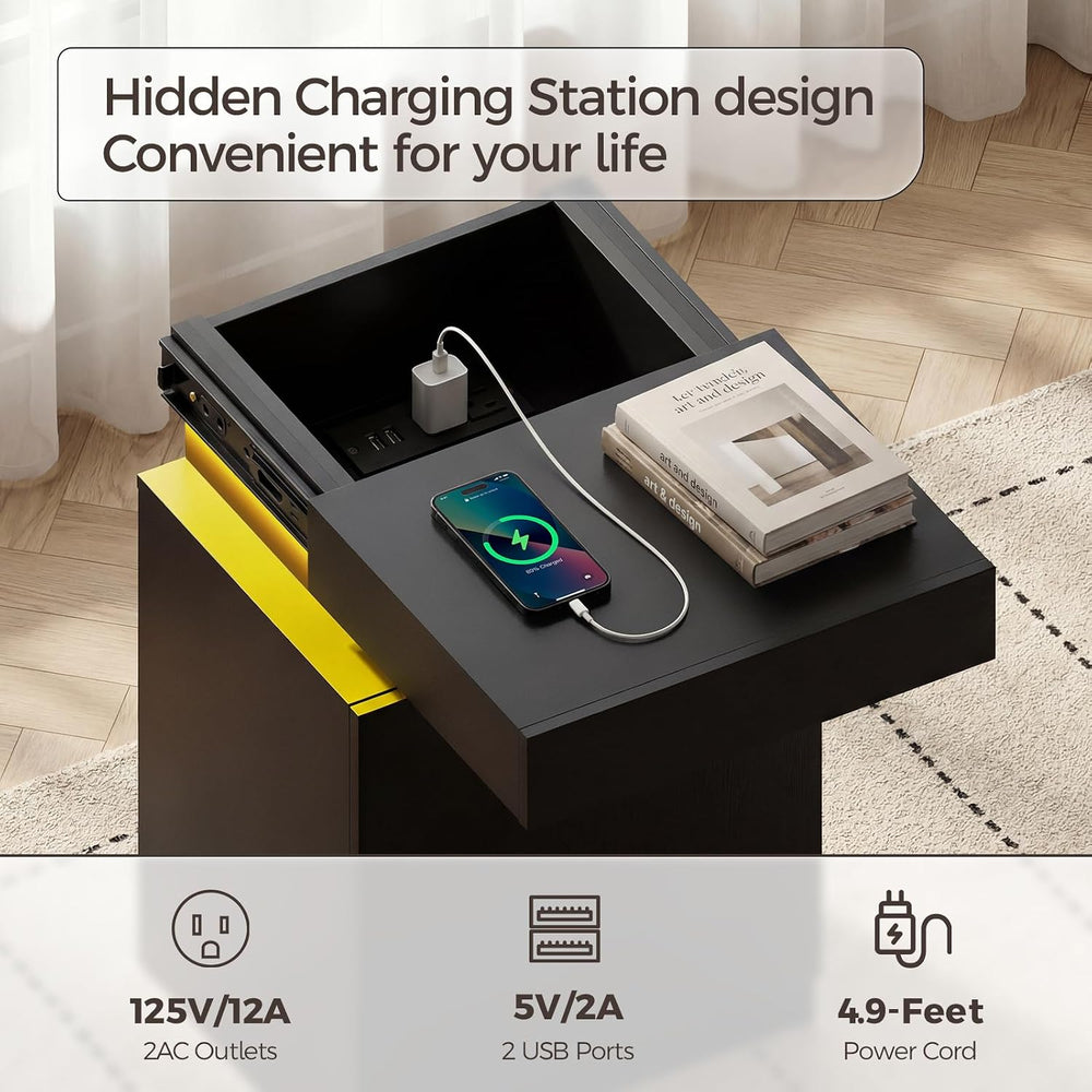 Black Nightstands Set of 2 Modern Nightstand with Charging Station