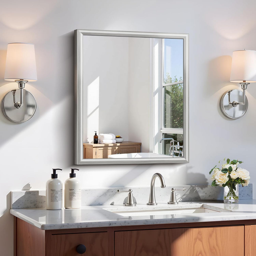 20x24 Inch Brushed Silver Bathroom Mirror, Raised Metal Framed Bathroom Vanity Mirror for Over Sink, Anti-Rust, Shatterproof Rectangle Wall Mirror, Hangs Horizontally or Vertically