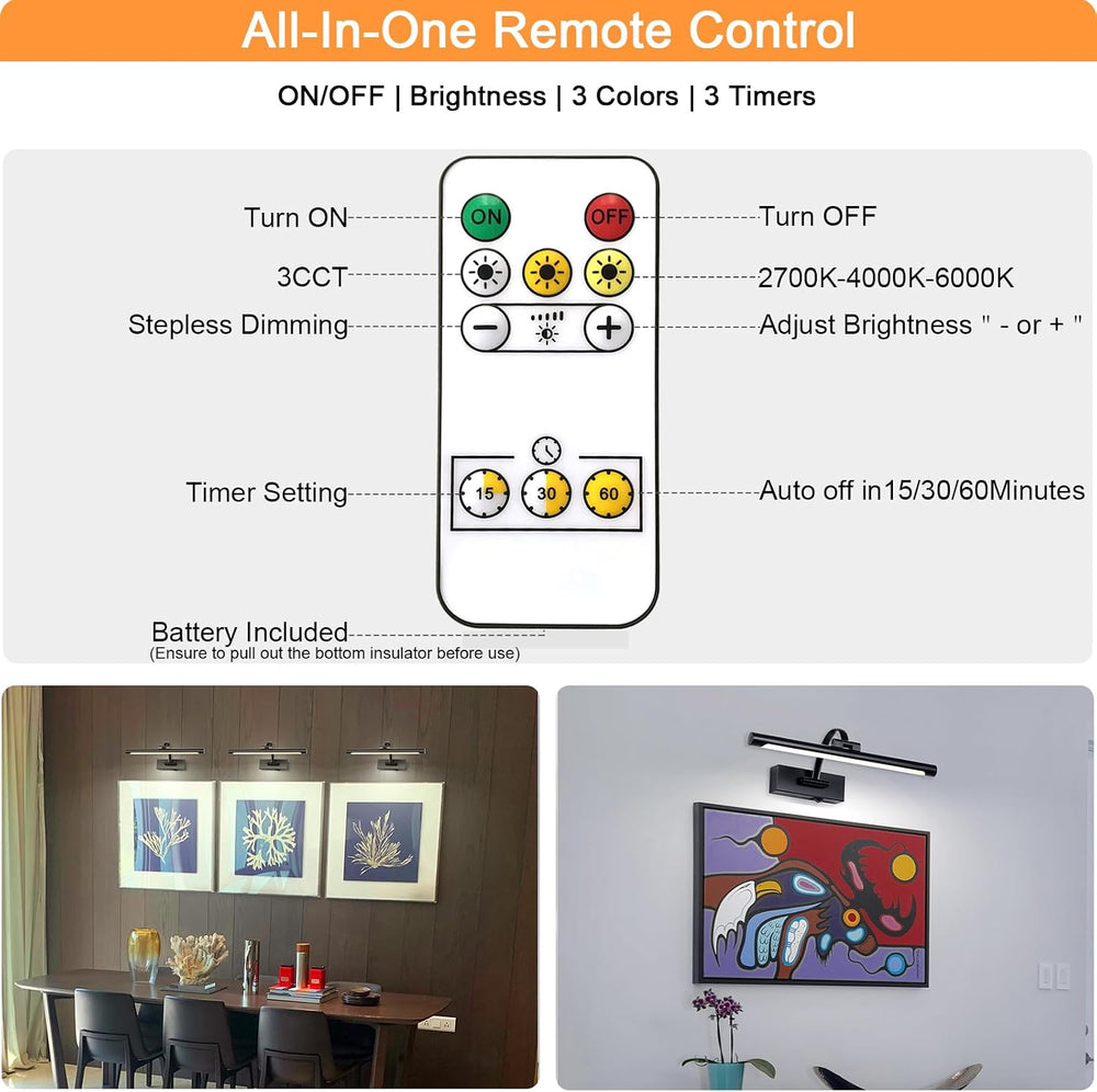Tassuowell Wireless Battery Operated Picture Light,Rechargeable Wall Light wi...