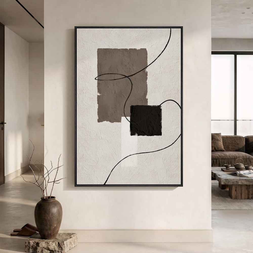Extra Large Framed Neutral Beige Brown Abstract Wall Art, Vertical 40x60 In