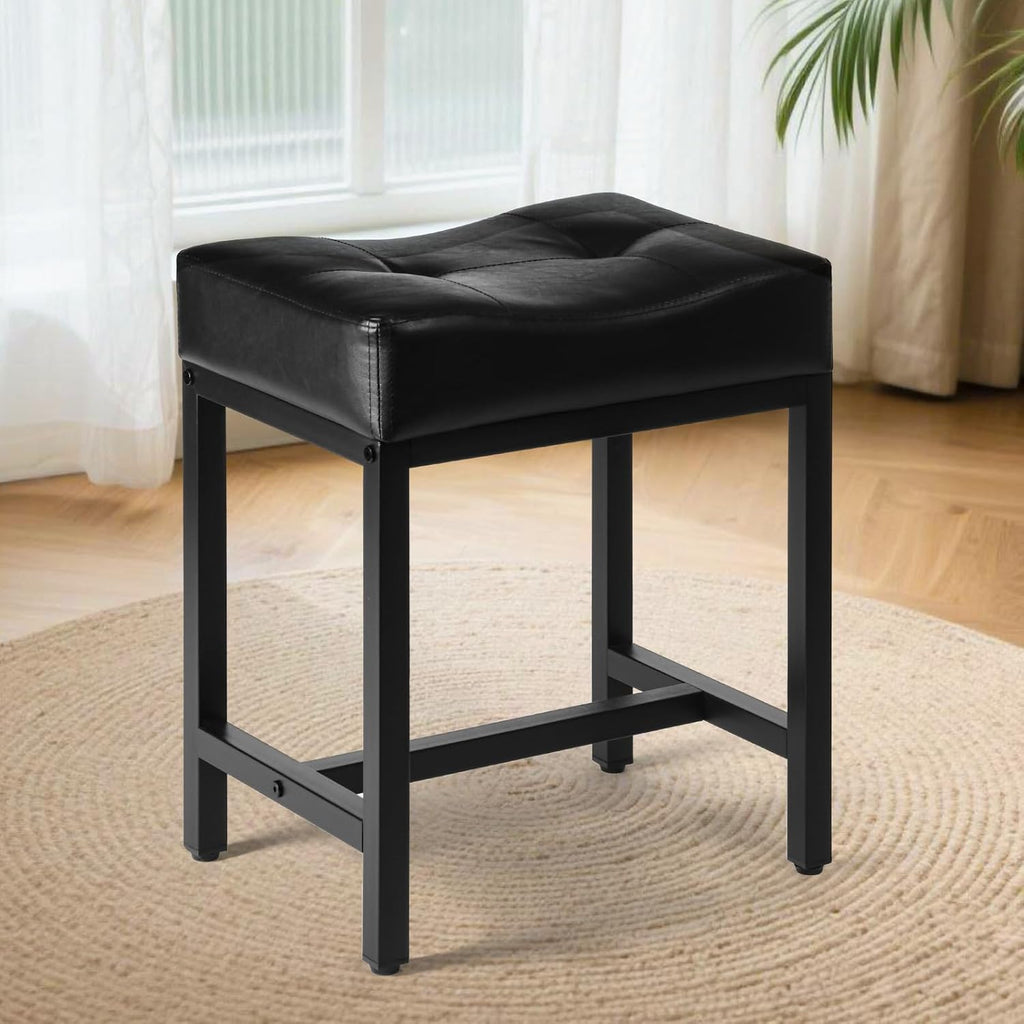 Saddle Seat Vanity Stool, Makeup Stool Chair with Metal Leg, U-Shaped Faux Leather Ottoman Foot Rest, Small Square Chairs Under Desk for Vanity, Living Room, Bedroom, Modern Makeup Bench Black