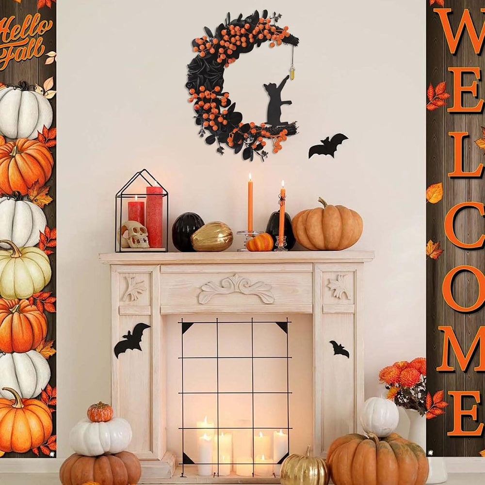 Halloween Decorations Black Cat Half-Moon Wreath