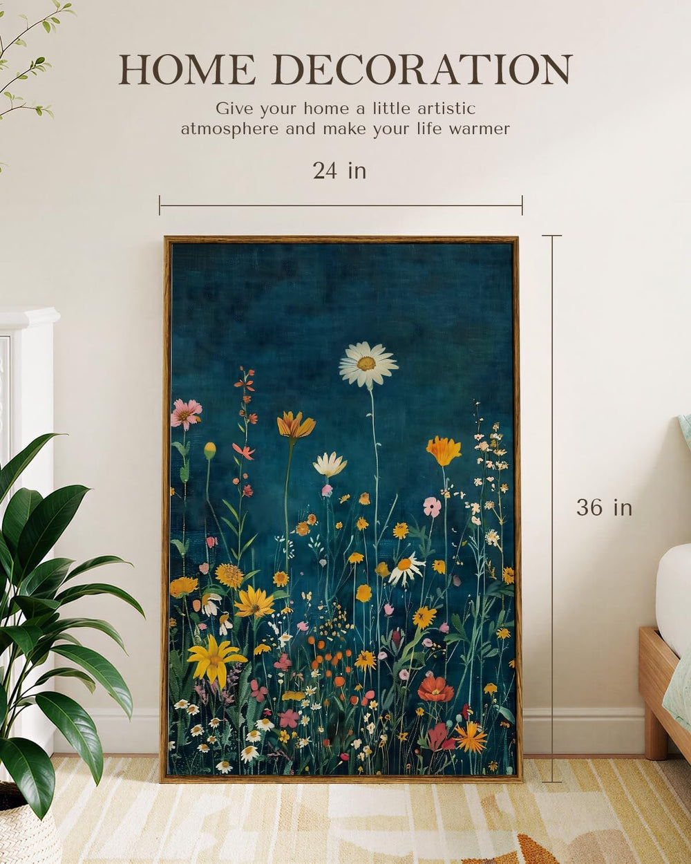 WHASAYART Botanical Floral Canvas Print 24x36 Framed Wildflower Wall Art