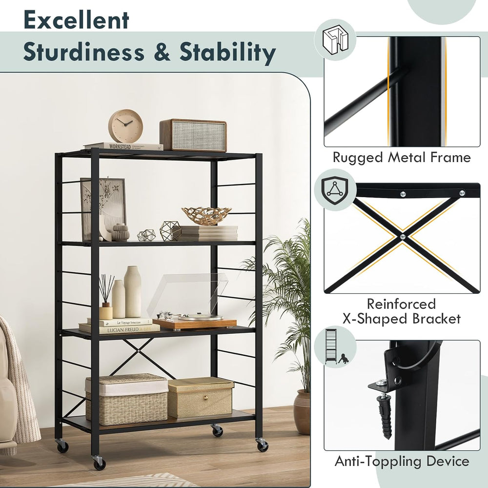 GIANTEX 4-Tier Folding Storage Shelf, Collapsible Shelving Unit w/Lockable Wh...