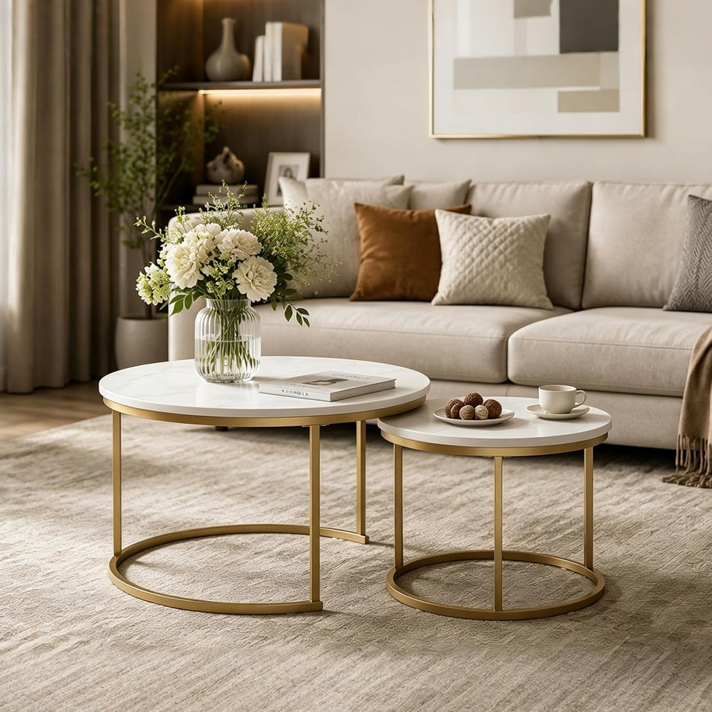 White Round Nesting Coffee Table Set of 2, Marble Pattern Top with Gold Metal Frame, 27.6" & 19.7" Nesting Side Table for Living Room, Space Saving