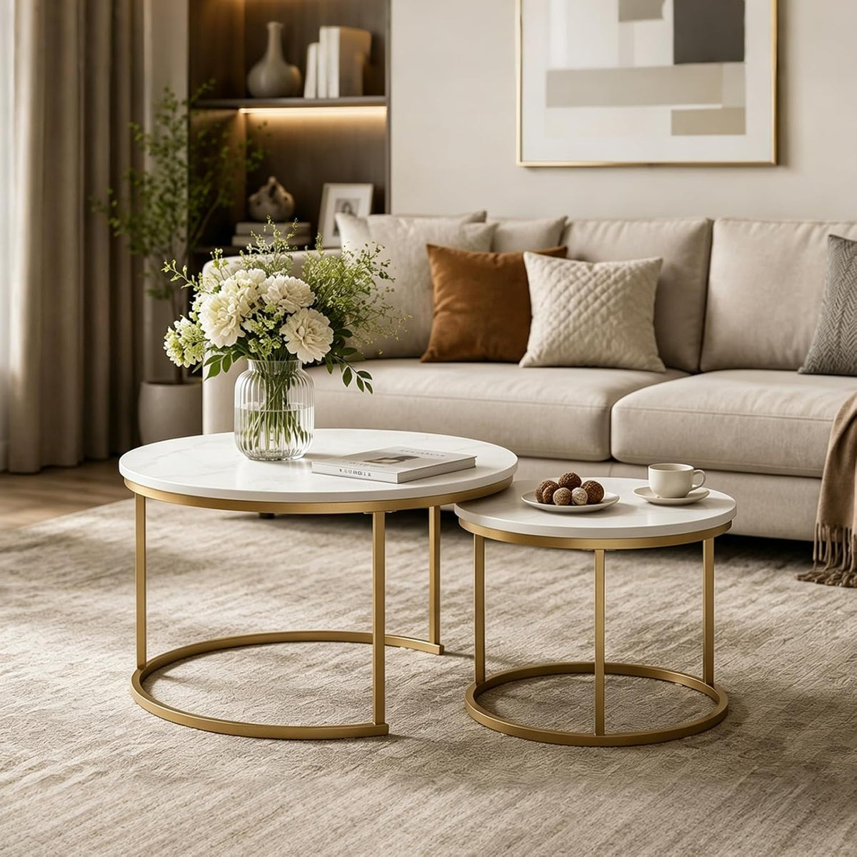 White Round Nesting Coffee Table Set of 2, Marble Pattern Top with Gold Metal Frame, 27.6" & 19.7" Nesting Side Table for Living Room, Space Saving