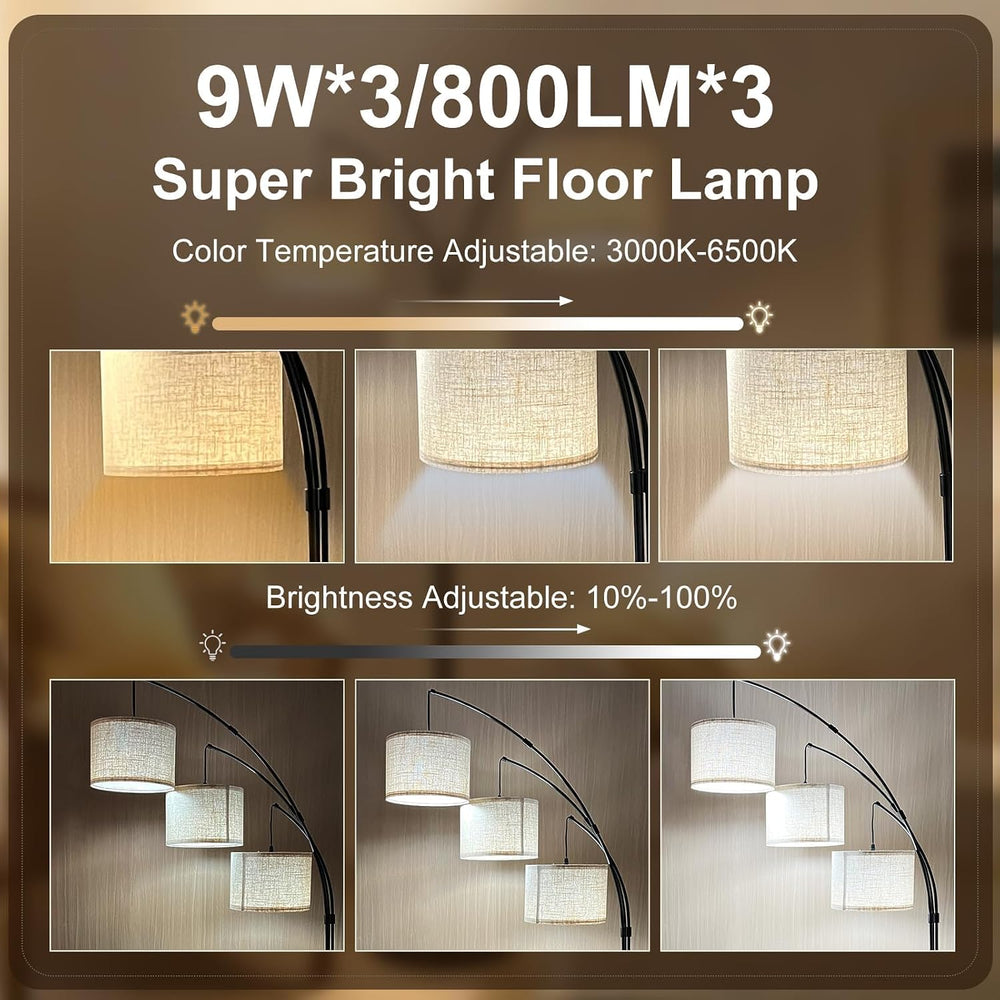 3-Light Dimmable Arc Floor Lamp, LED Tall Standing Lamp with Remote