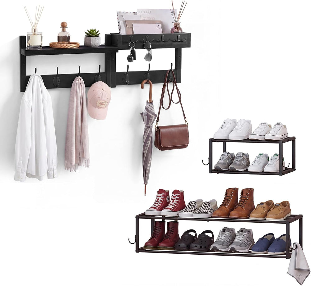 4 Pack Wall Coat Rack with Shoe Rack, 2-in-1 Coat and Shoe Rack Entryway