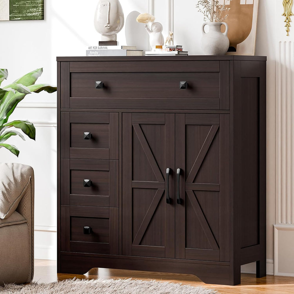Vabches Farmhouse Storage Cabinet with 2 Doors and 4 Drawers, Espresso