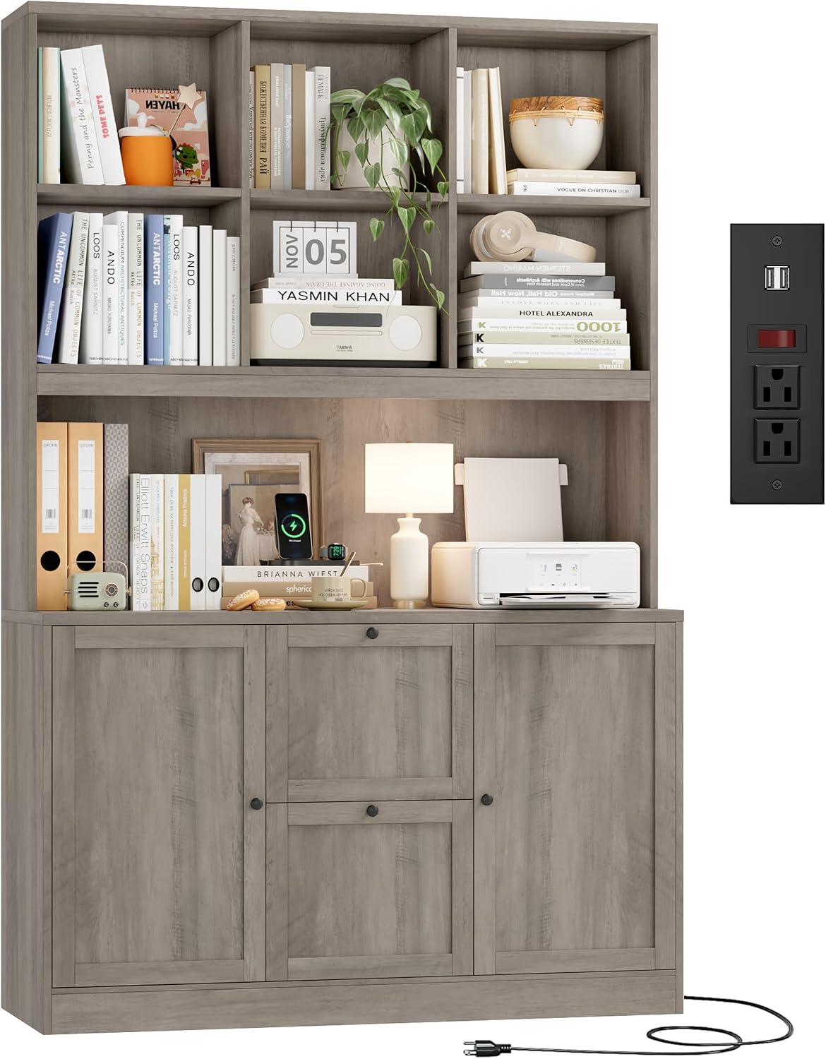 HIFIT 72'' Tall File Bookcase with Outlet & Printer Stand, 2 Filing Drawers