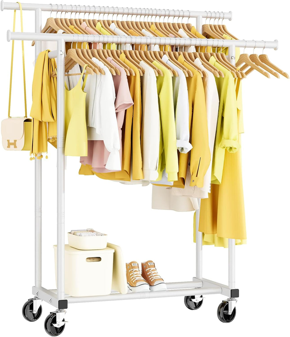 HYSEYY Double Rods Clothes Rack, Rolling Clothing Rack for Hanging Clothes Po...