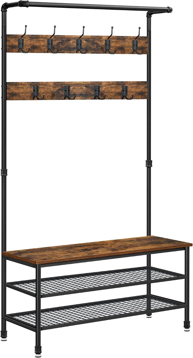VASAGLE Coat Rack and Storage Bench, Hall Tree with 9 Hooks, Steel Frame