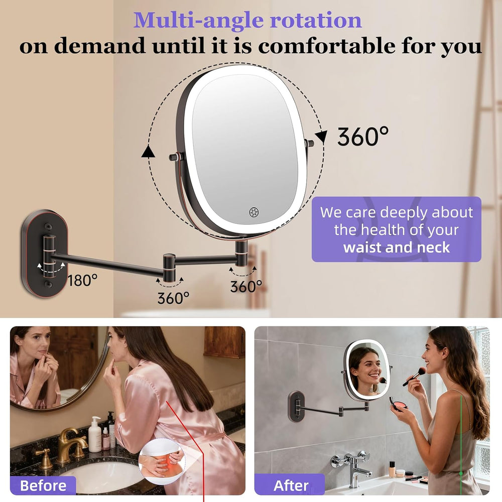 FUNTOUCH 5000mAh Rechargeable Wall Mounted Lighted Makeup Mirror, Bronze
