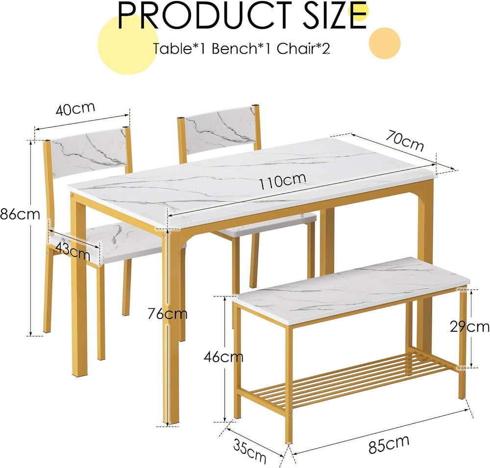 soges Kitchen Table Set for 4, Nesting Table with 2 Chairs & Bench, Marble