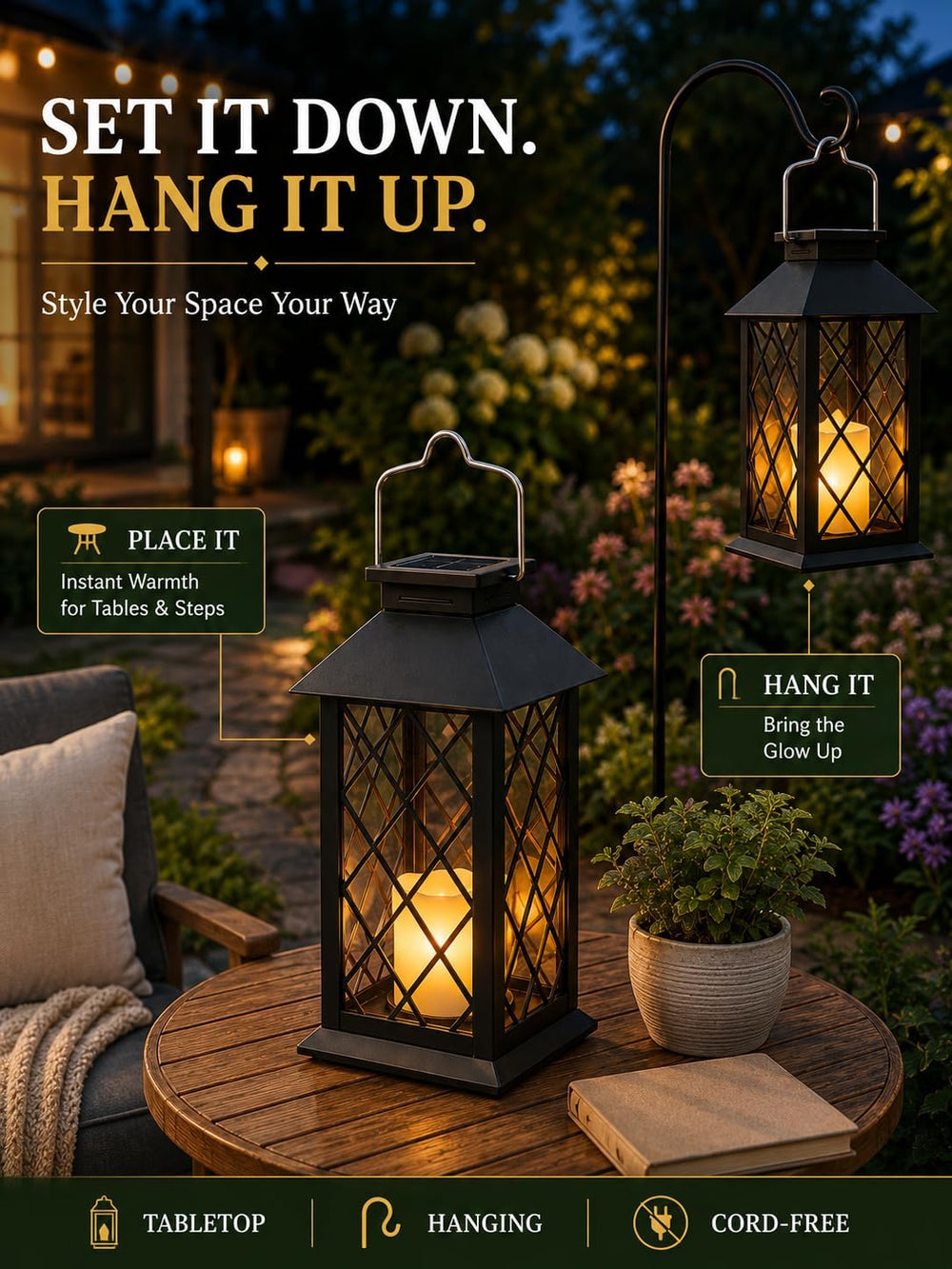 2 Pack 14'' solar lanterns outdoor waterproof，Includes flameless candles