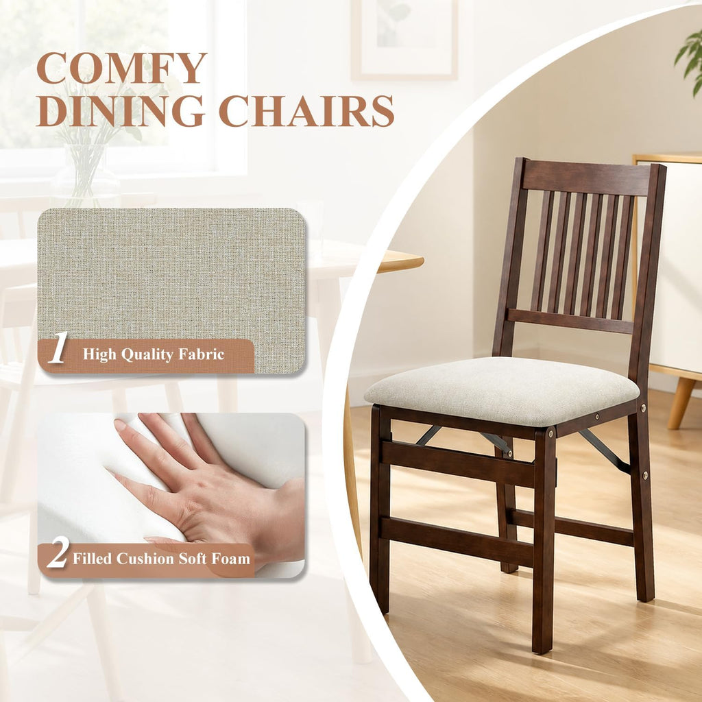 Folding Wood Dining Chairs Set of 2 – No Assembly, Beige Fabric Cushion
