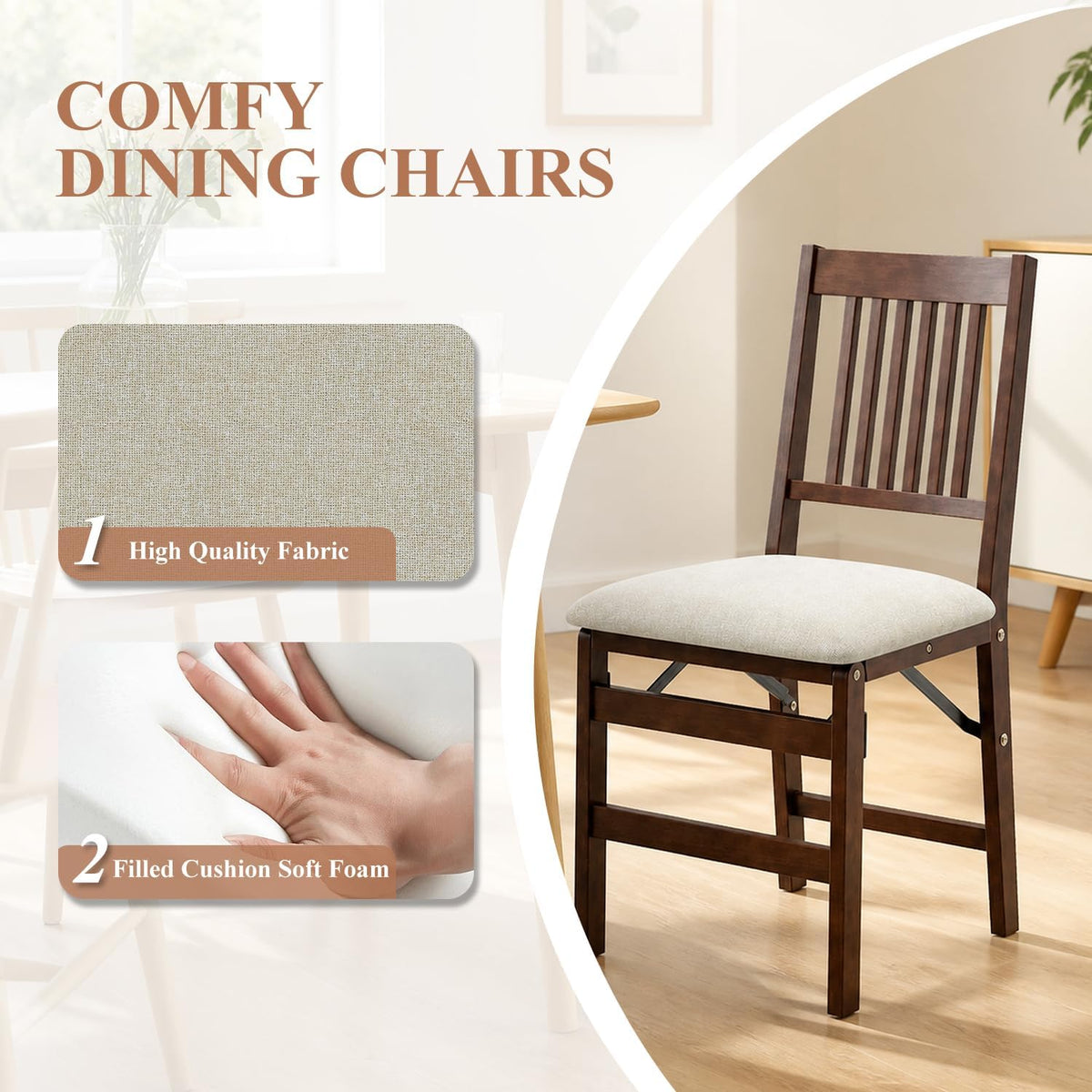 Folding Wood Dining Chairs Set of 2 – No Assembly, Beige Fabric Cushion