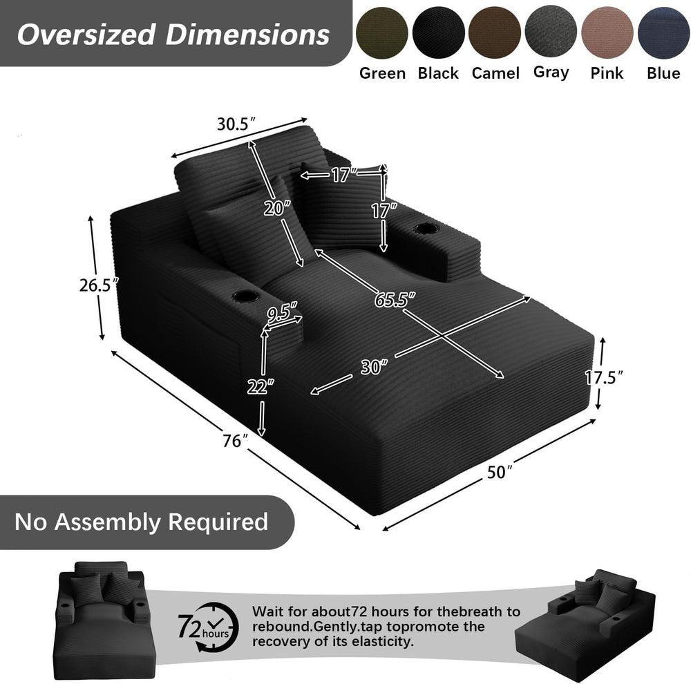 50" x 76" Corduroy Chaise Lounge Sofa Bed with Cup Holders, Black