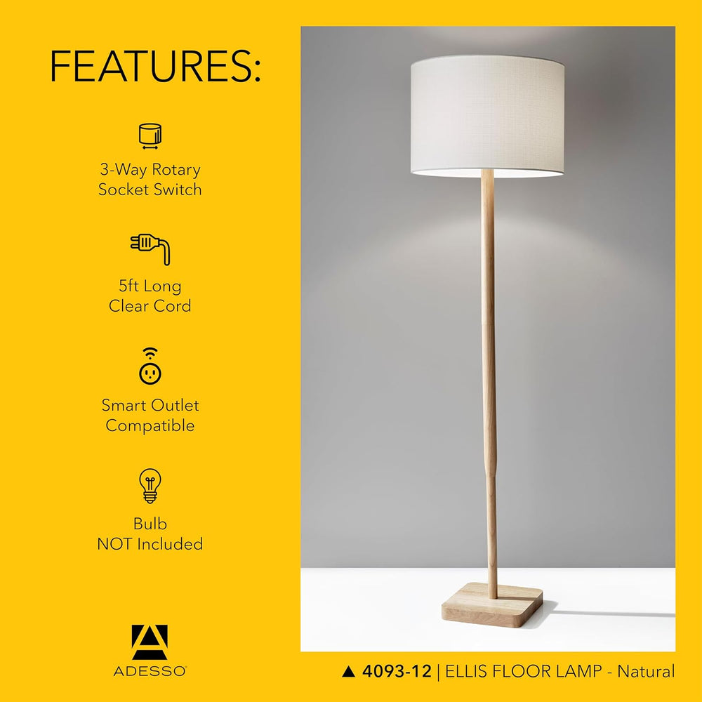 Adesso Floor Lamp, Natural Rubberwood & White Linen, 3-Way, 58.5”