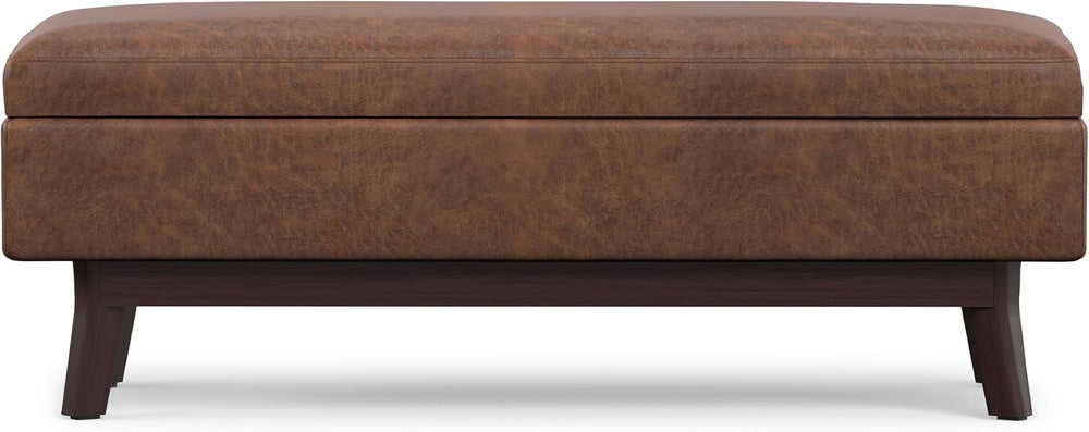 SIMPLIHOME Owen 48" Wide Vegan Leather Lift Top Ottoman in Saddle Brown