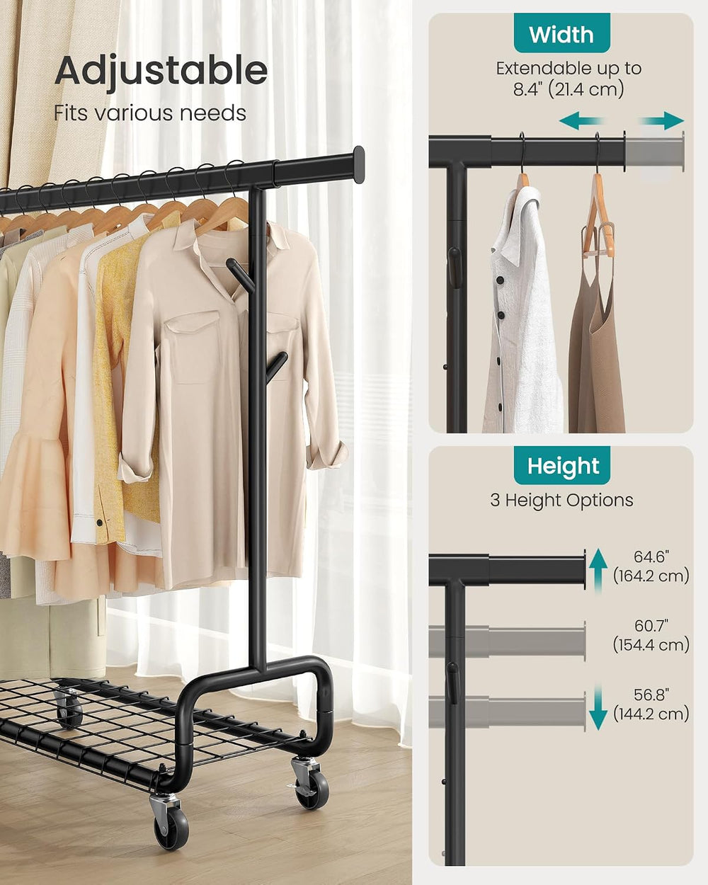 SONGMICS Clothes Rack, Heavy-Duty Rolling Garment Rack with Shelf