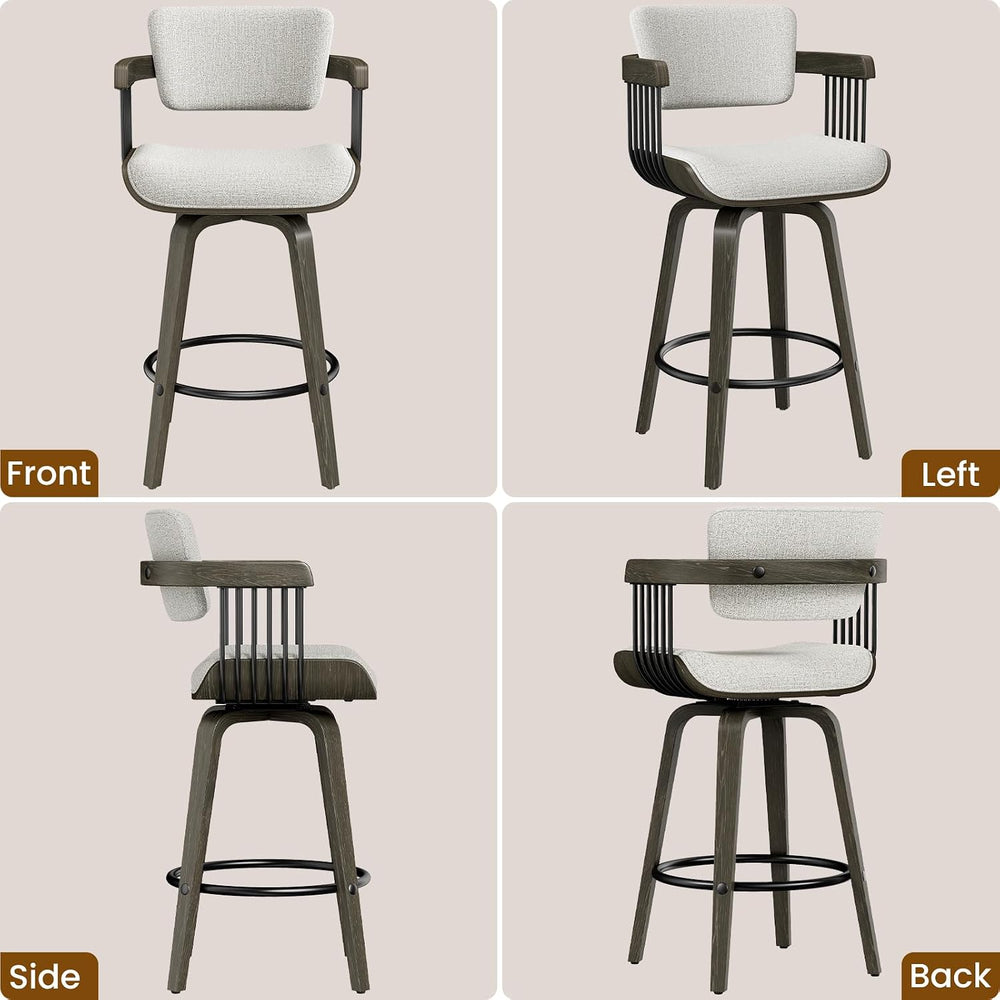 REONEY Mid Century Bar Stools Set of 3, Bentwood Frame, Light Gray Fabric