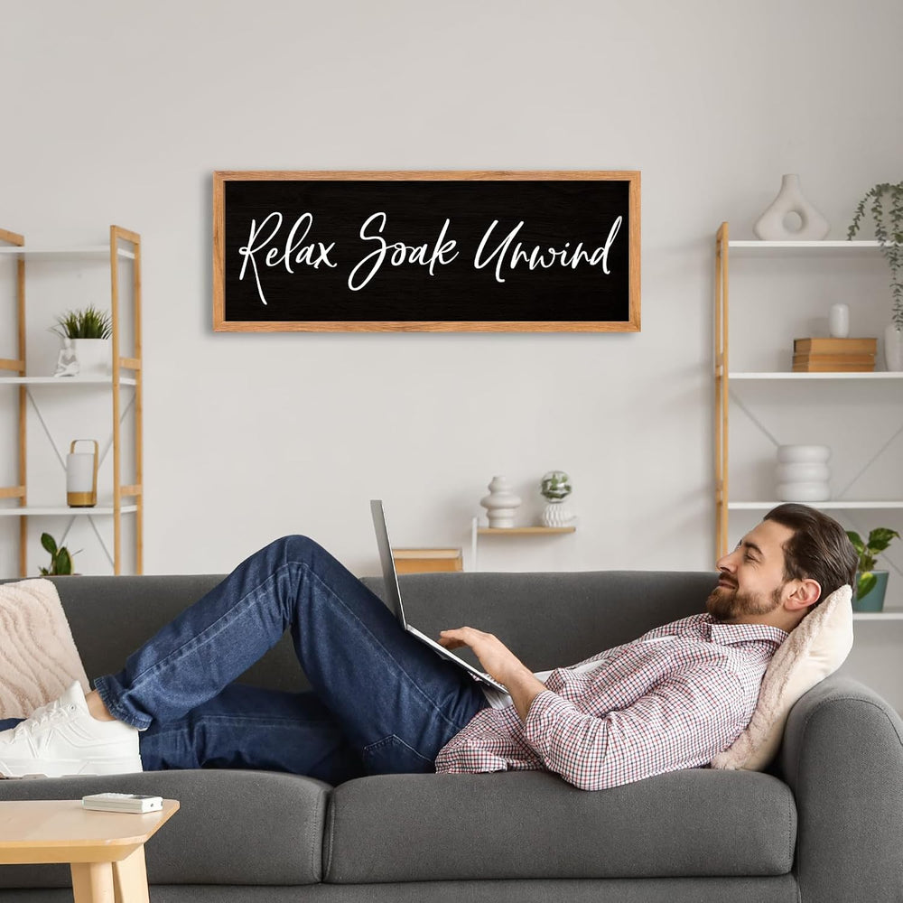 AuraPeak Relax Soak Unwind Sign Bathroom Wall Decor, Wood Black, 32"×12&...