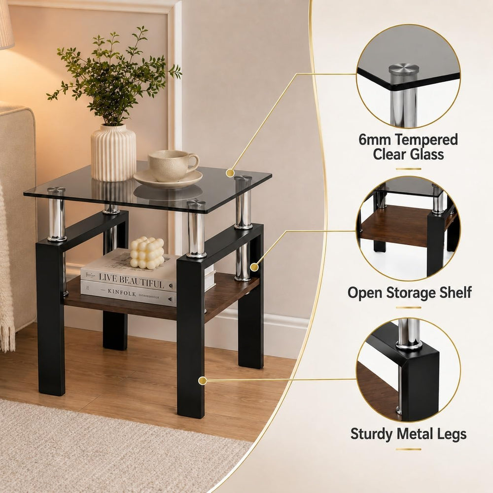 3-Piece Coffee Table Set, Glass Coffee Table & 2 End Tables, Black