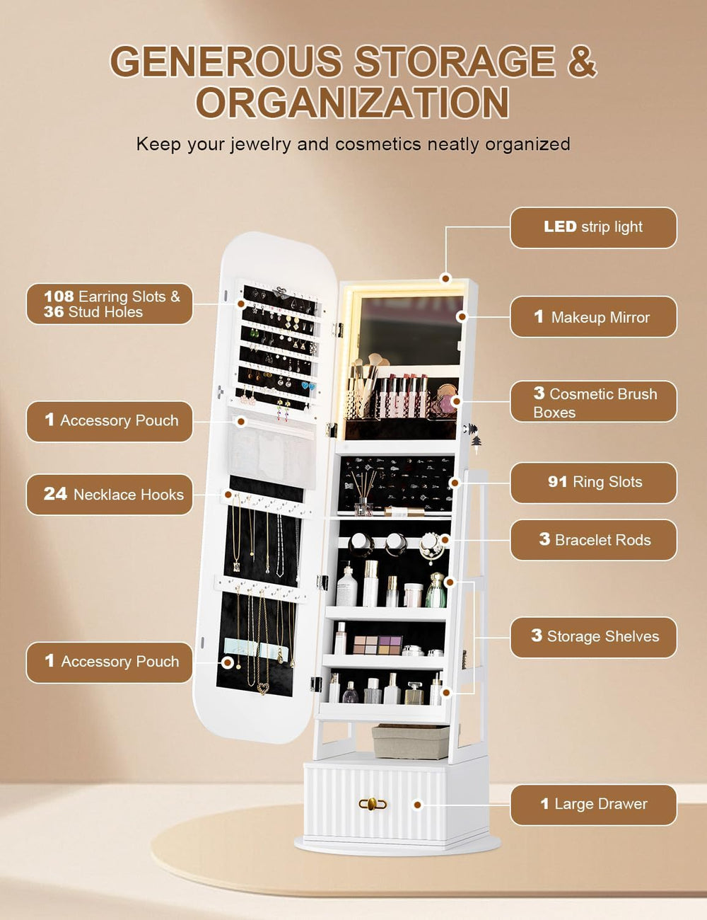 Swivel Jewelry Armoire, Vanity Mirror, Drawers, Lights, White