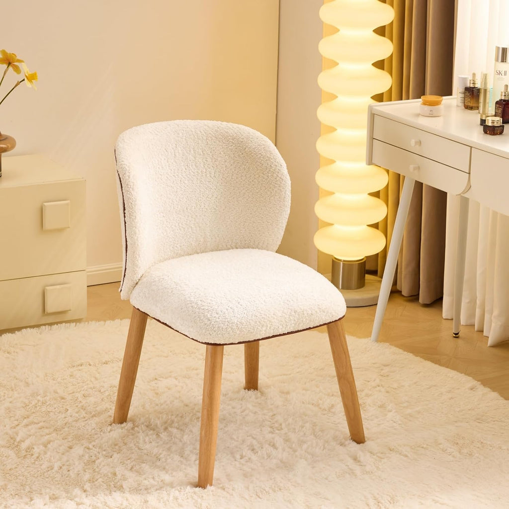 VINGLI Chenille Curved-Back Armless No Wheels Vanity Chair for Girls,Beige