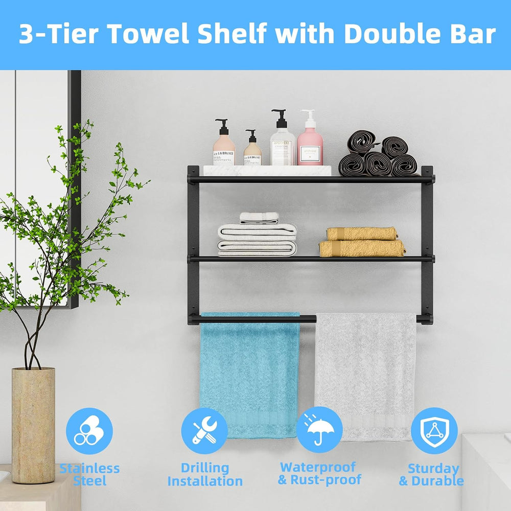 KLJKPA 24 Inch Towel Racks for Bathroom Wall-Mount, 3-Tier, Black