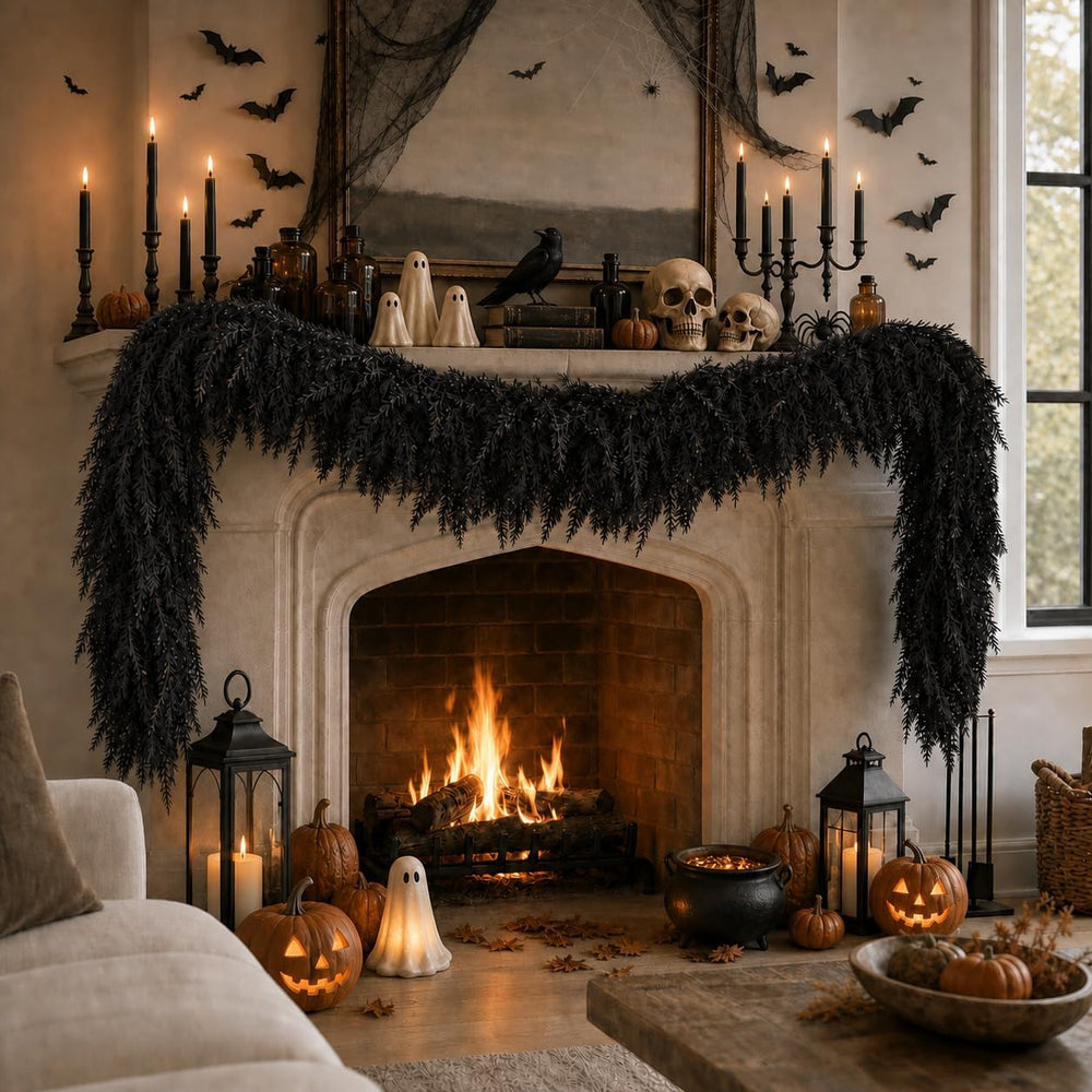 Black Halloween Mantle Garland Decor Gothic Garlands for Decorations 6Ft Fire...