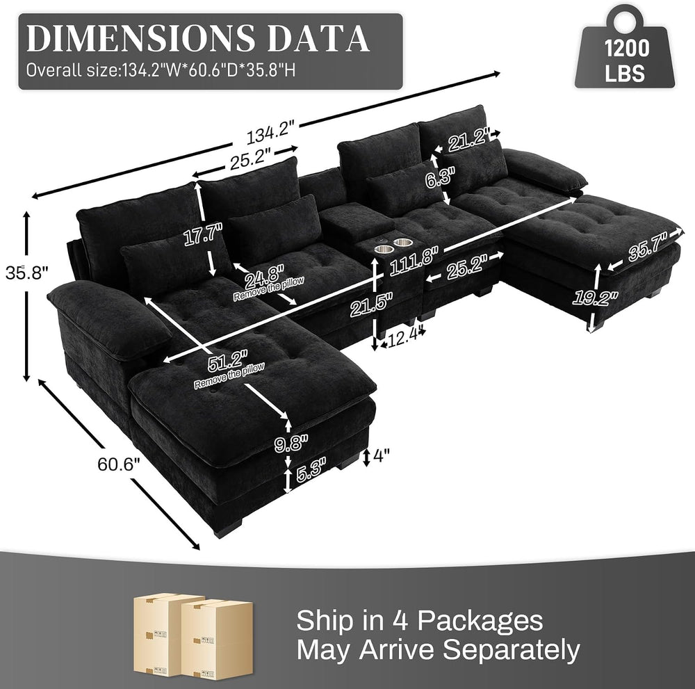 134" U-Shaped Sectional Couches for Living Room with Storage, Black