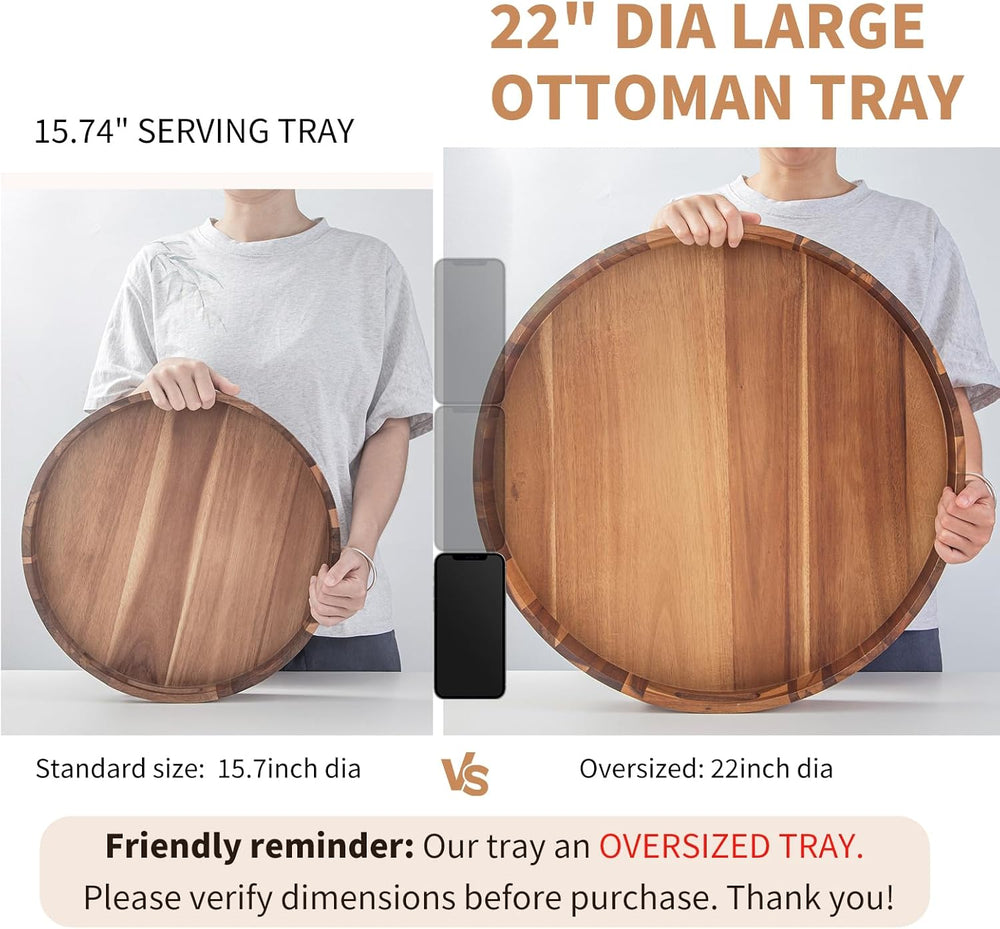 Extra Large Round Ottoman Coffee Table Tray, 22" Big Kitchen Serving Tra...