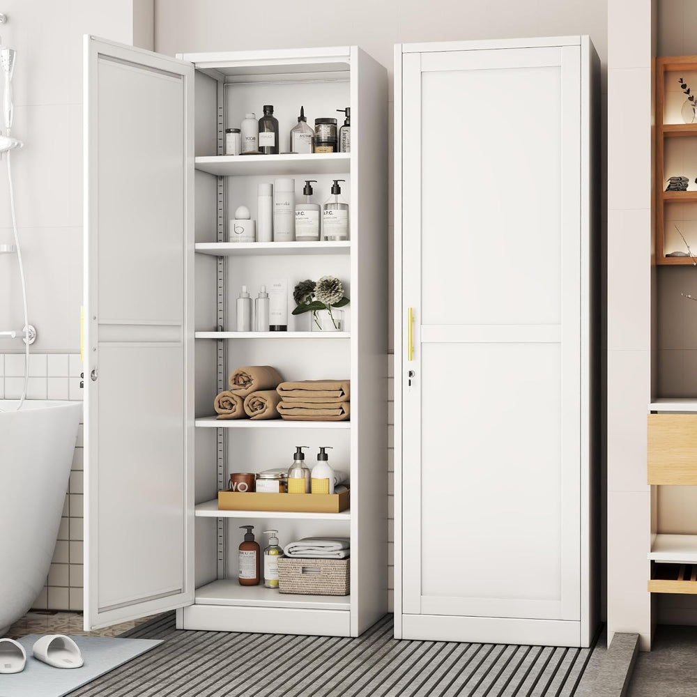 Tall Metal Narrow Bathroom Storage Locker Cabinet 67" H, White Kitchen P...