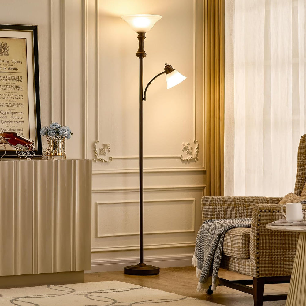 Torchiere Brown Floor Lamp with Adjustable Angle Reading Lamp-71IN