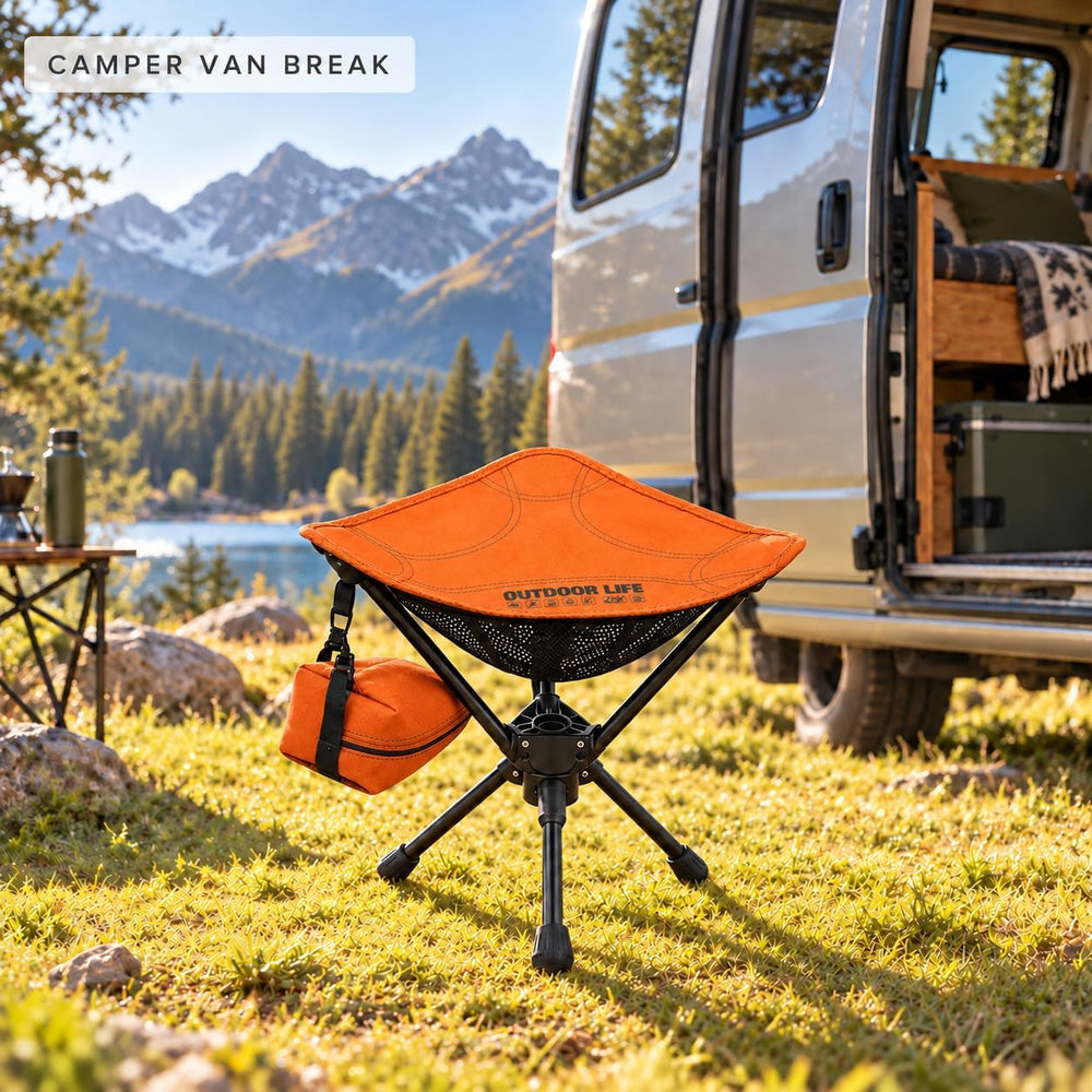 360° Swivel Camping Stool, 265 lb, 1.2 lb, 7075 Aluminum, Orange