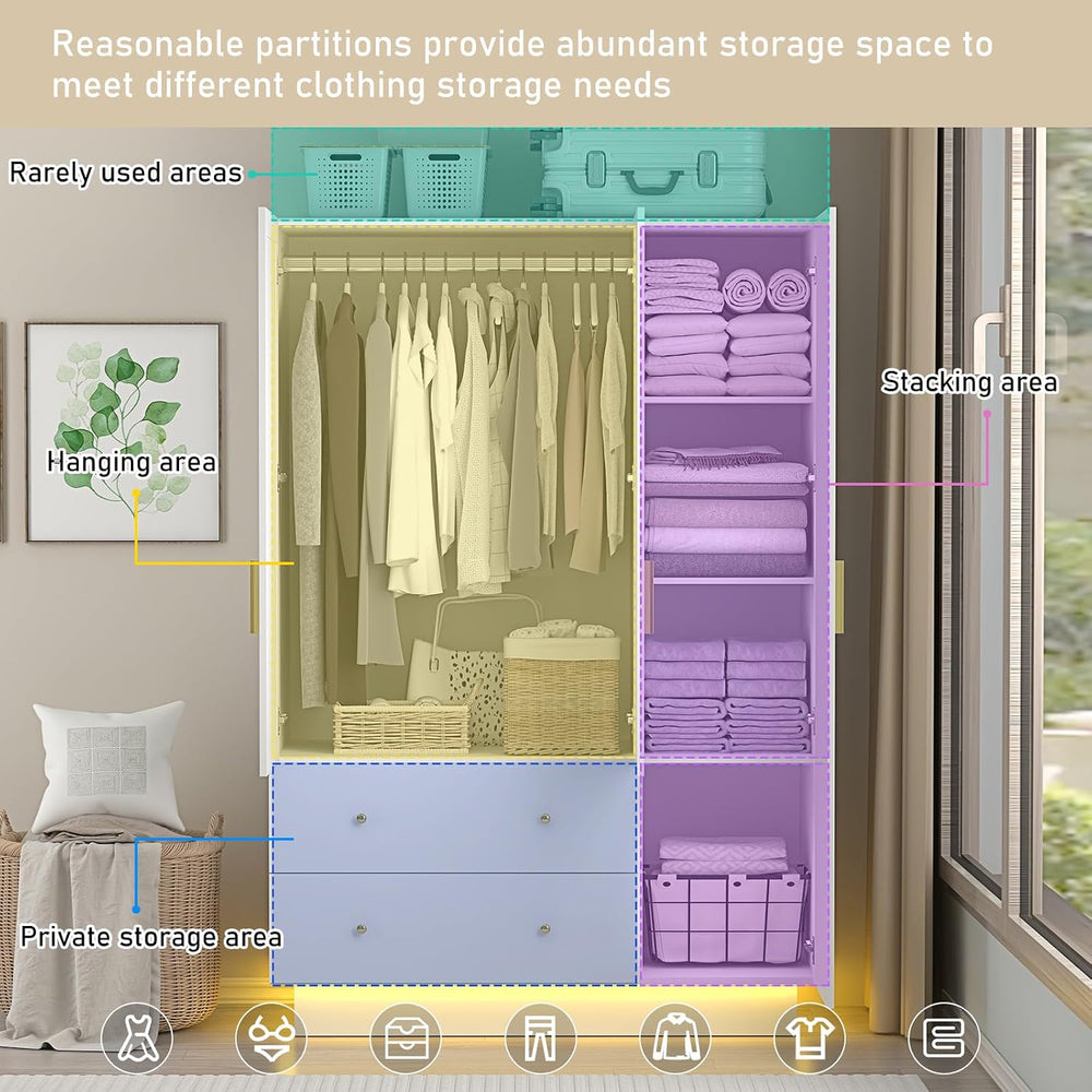jiteentarou 3 Door Wardrobe Closet with Mirror & LED Lights, Bedroom Armo...