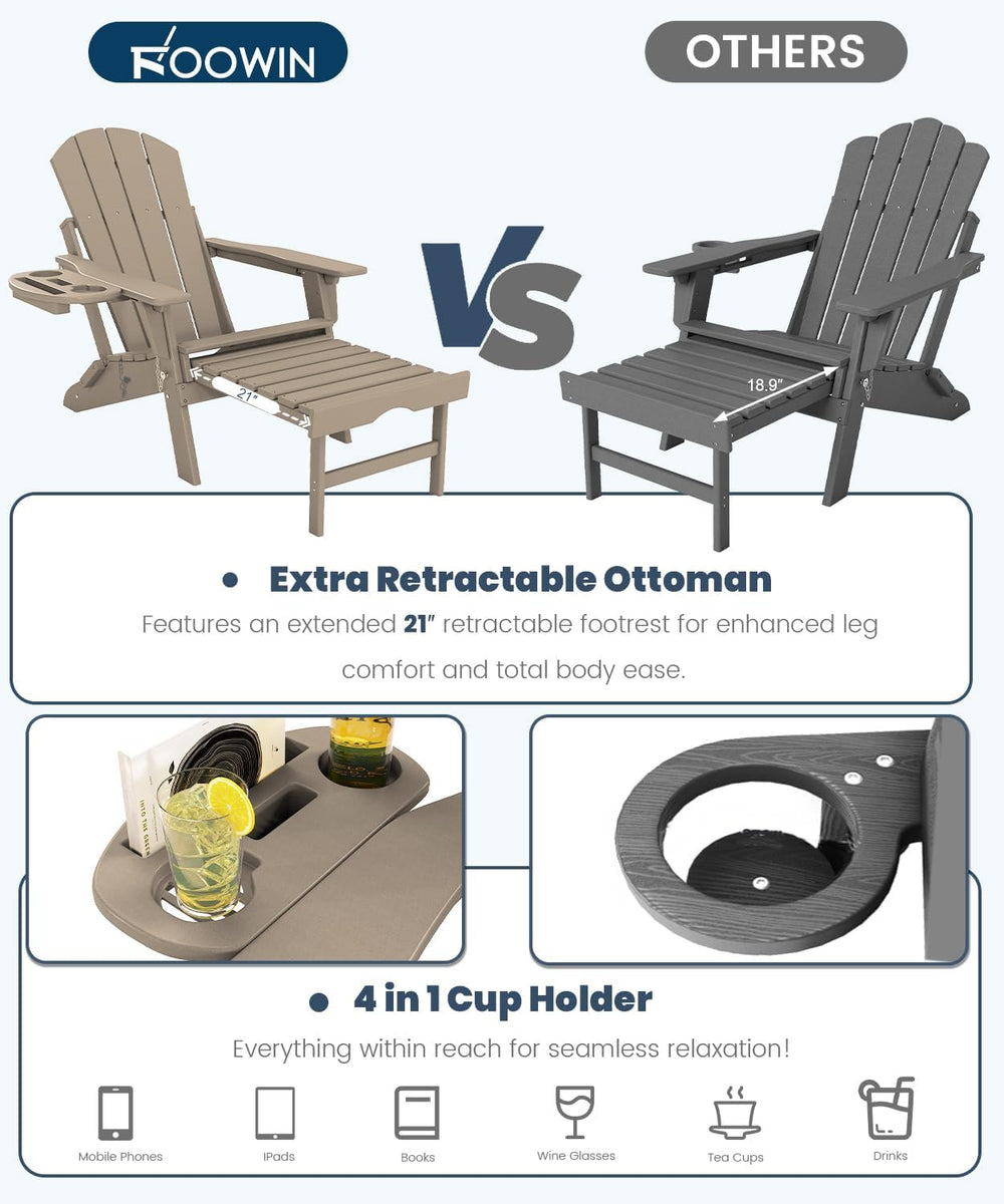 FOOWIN Folding Adjustable Adirondack Chair with Ottoman Set of 2