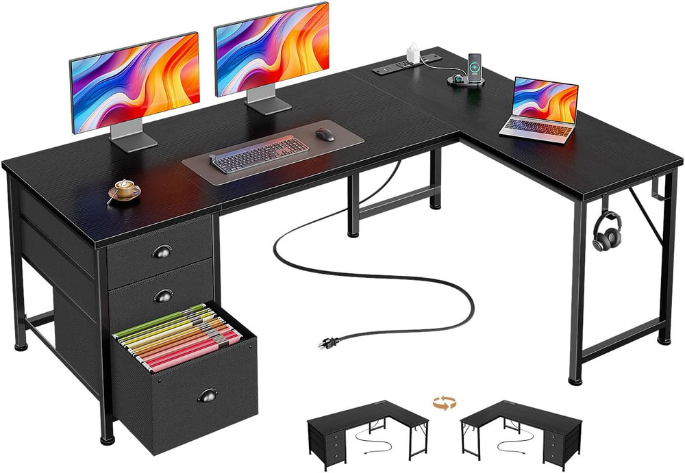 Furologee 63" L Shaped Desk, Computer Corner Desk with Outlets, Black