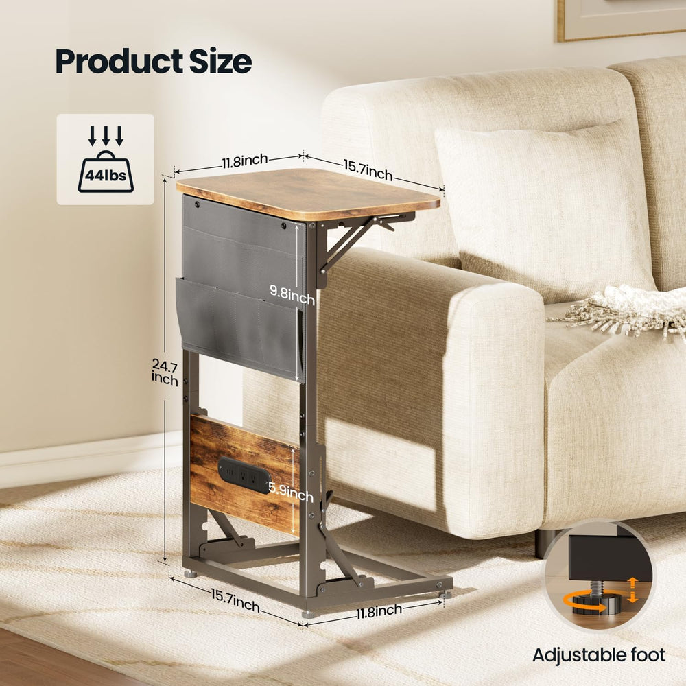 HLDIRECT C Shaped End Table with Charging Station & Storage Bag Brown